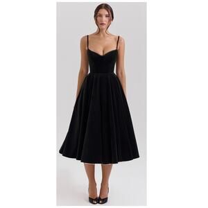 House of CB Mademoiselle Black Velvet Tulle Midi Dress Size Medium